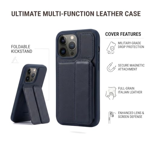 Image of amazon basics Luxury Vegan Leather Back Cover for iPhone 14 Pro | Built-in Card Holder Slot | Integrated Mobile Stand | Slim Shockproof Protective Case with Stitched Finish - Blue