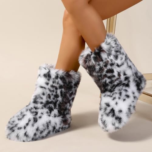 Women's Faux Fur Boots Furry Fuzzy Fluffy Round Toe Suede Winter Snow Bootie Flat Shoes Puffy Warm Short Mid-Calf Boots for Outdoor Indoor Indoor3