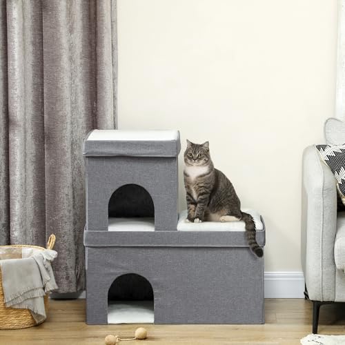 PawHut Katzenhöhle Katzenhütte, Katzenhaus mit 3 Ebenen, Katzenbett mit Kissen, Hundehaus für Katzen bis 5 kg, 74 x 37,5 x 78,5 cm, Grau