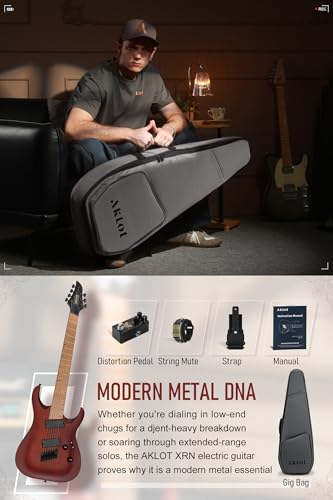 Image of AKLOT Multi-Scale 7-String Electric Guitar: Roasted Maple Neck with String-Through Bridge Electric Guitars Kit with Okoume Body, HH Pickup, Gig Bag, Strap, String Mute, Distortion Pedal, XRN-7 TB