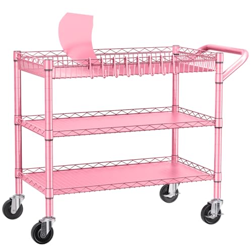 Image of NTE Utility Cart with Wheels, 990lbs Capacity Metal 3 Tier Rolling Carts, NSF Kitchen Carts On Wheels with Storage, Heavy Duty Utility Cart with Handle & Wire Shelf for Indoor & Outdoor Use, Pink