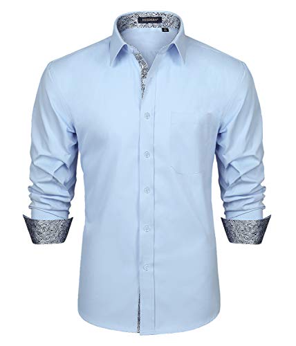 HISDERN Camicie Eleganti Azzurre per Uomo Manica Lunga Colletto Abbottonato vestibilità Regolare Camicia Classica Casual Formale Non Stirata