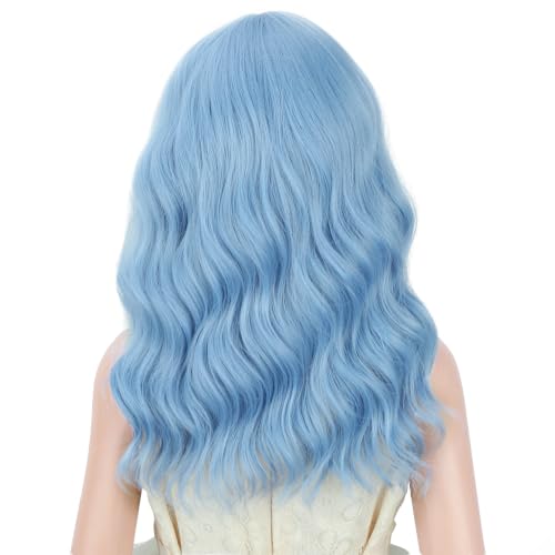 Image of PATTNIUM Light Blue Wig Short Blue Wigs with Bangs Shoulder Length Wavy Heat Resistant Synthetic Wig