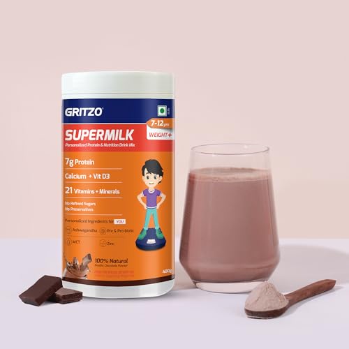 Image of Gritzo SuperMilk Weight+ (13+y Boys), 10g Protein Powder (Double Chocolate, 400g) | Zero Refined Sugar, 21 Vitamins & Minerals