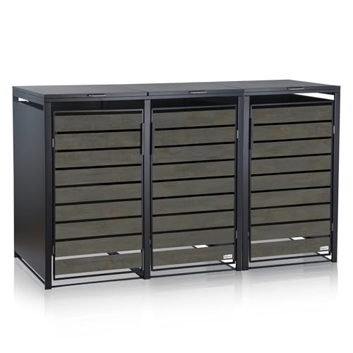 Zelsius Mülltonnenbox 3er für 3 Mülltonnen | 120-240 Liter | Anthrazit RAL 7016 | Tür in dunkelgrauer Holzoptik inkl. Erweiterungsmöglichkeit | Mülltonnenhäusschen, Mülleimerboxen