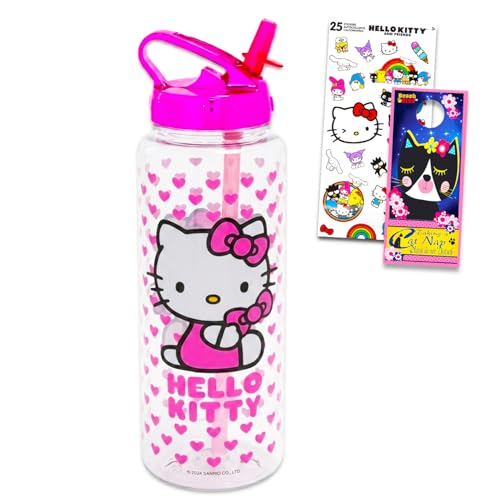 Hello Kitty Reusable Water Bottle - Bundle with Plastic Water Bottle with Spout for Home, School, Sports Plus Sticker, More