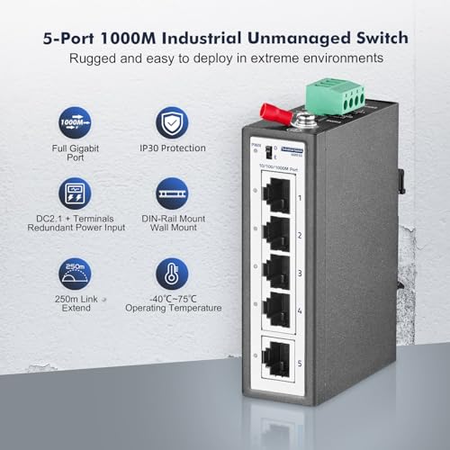 Image of 5 Port Mini Gigabit Industrial DIN-Rail Switch, 4 x 100 /1000Mbps Ports,1 Gigabit Uplink, Din Rail & Wall Mount Included, Unmanaged IP30 (-40~185F) Hardened YuLinca Industrial Ethernet Switch
