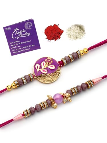 Image of Sukkhi Rakhi Beautiful Floral Design Purple Meenakari Work with AD Stones & Pearls Combo Rakhi For Brother with Roli Chawal & Greeting Card|Quirky Rakshabandhan Rakhi for Bhaiya|Set of 2|CBRAK107434