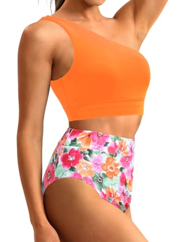 Image of Holipick Women One Shoulder High Waisted Bikini Sets Two Piece Swimsuit Tummy Control Bathing Suit Full Coverage Swimwear