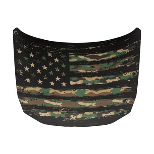 Image of American Flag Green Camo Design Car Hood Cover Protector Waterproof Sun-Proof Auto Hood Flag 4th of July Patriotic Decorations Automotive Exterior Accessories