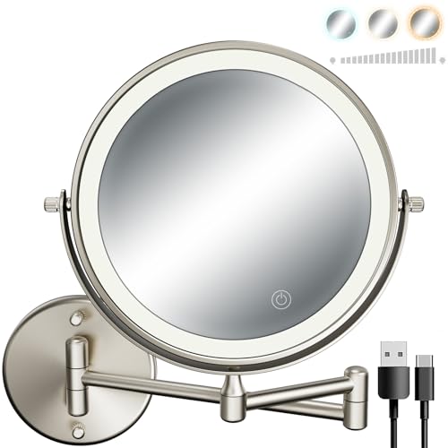 Rechargeable Lighted Makeup Mirror Brushed Nickel, Vanity Mirror with 3 Color Lights, Dimmable Touch Screen, 8 Inch LED Double Sided 1X/10X Magnifying 360°Swivel Shaving Mirror 13 Inch Extendable