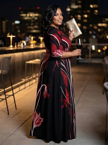 Image of SUZONANA Plus Size Dresses for Women Print Maxi Dresses Flowy 3 /4 Sleeve with Belt