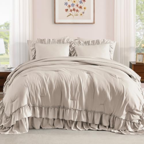 Image of AMBERSPACE Queen Comforter Set Beige Ruffle 7 Pieces Farmhouse Bed in a Bag
