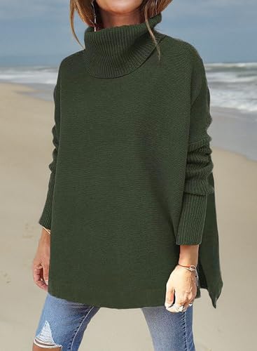 Image of yoeasy Women's Turtleneck Oversized Long Batwing Sleeve Pullover Sweater Spilt Hem Knit Sweater