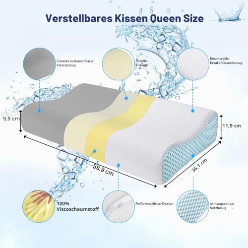 PKBD Memory-Schaum Kopfkissen mit 2 Kissenbezügen (Kühlende Eisseide&Baumwolle), Ergonomisches...