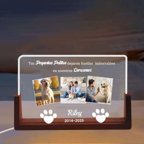 Umitive Luz Nocturna Personalizada para Perros – Lámpara LED con Foto y Nombre de Mascota, Diseño de Corazón y Huellas, Regalo Conmemorativo para Dueños de Perros con Fechas (Style A)