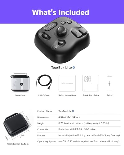 TourBox Lite Bluetooth - Compact Editing Keyboard, Artists Drawing Tablet Keypad, Works with Clip Studio Paint & More, Creative Console with Custom Software, Cable, Travel Bag - Wireless Kit