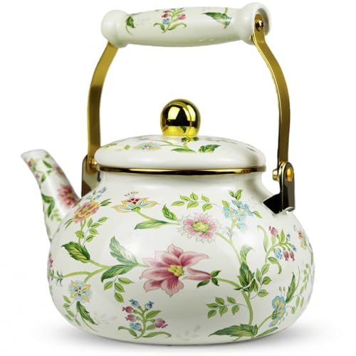Vintage Enamel Tea Kettle, 2.5L Floral Gold Trim Enamel Steel Teapot with Porcelain Handle for...