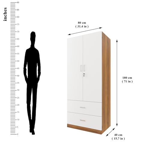 Image of VIKI Wardrobe | Wooden Almirah for Clothes,Door for Bedroom, 2 Door Wardrobe with Drawer & Hanging Space (Brussel Walnut, White - 40D x 80W x 180H) | 1 Year Warranty | Free Assembly