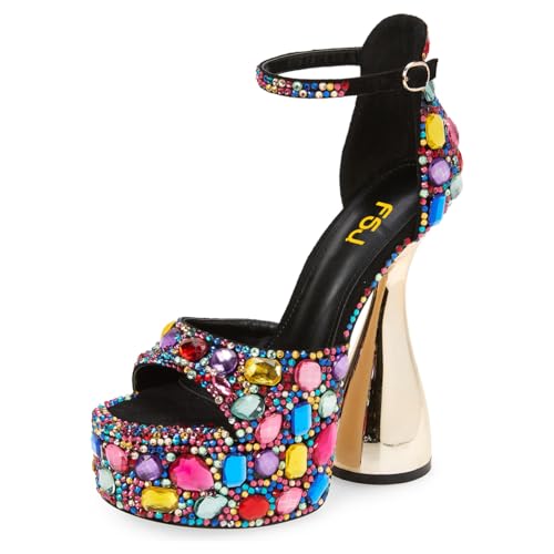 FSJ Women Platform Chunky Heel Open Toe Crystal Ankle Strap Heeled Sandals Block High Heel Sexy Cocktail Party Shoes Size 4-16 US