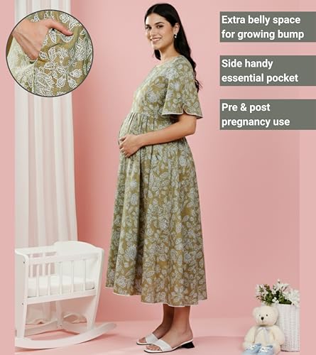 Image of DUMMY SHAPE Feeding Kurtis for Women Cotton Rayon | Printed Pregnancy Flare Kurta with Nursing Zippers to Pre & Post Partum | Maternity Dresses | Gifts for Pregnant Woman