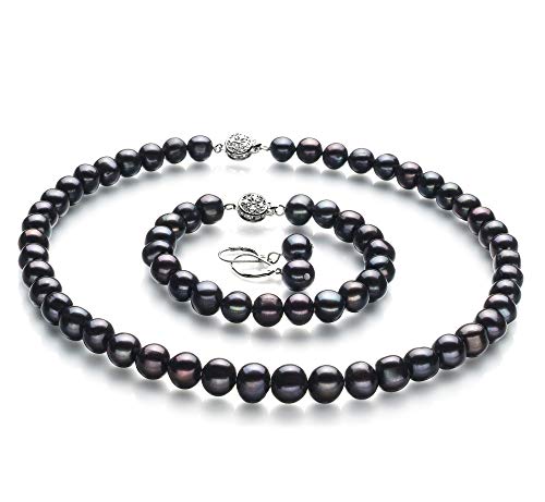 Kaitlyn Black 8-9mm A Quality Freshwater 925 Sterling Silver Cultured Pearl Set For Women