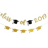 Gold Glittery Class of 2018 Banner and Gold Glittery Graduation Cap Garland,for Graduation/Grad Party Decorations