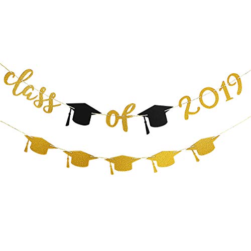 2019 Graduation Party Decorations,Gold Glittery Class of 2019 Banner and Gold Glittery Graduation Cap Garland- Graduation/Grad Party Decorations
