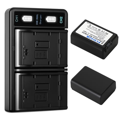 FCDAZR NP-FW50 Battery(2 Pack) and USB Dual Charger for Sony ZV-E10 A6000 A6300 A6400 A6500 A7 A7II A7RII A7SII A7S A7S2 A7R A7R2 A5100 A5000 NEX-3 NEX-5 Cameras