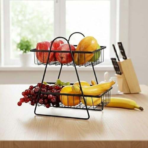 Image of Go Hooked 2 Tier Metal Fruit Basket for Dining Table | Space Efficient Countertop Wire Storage Stand for Fruits, Vegetables & Bread | Strong Metal Vanity & Home Organizer with Compact Vertical Design