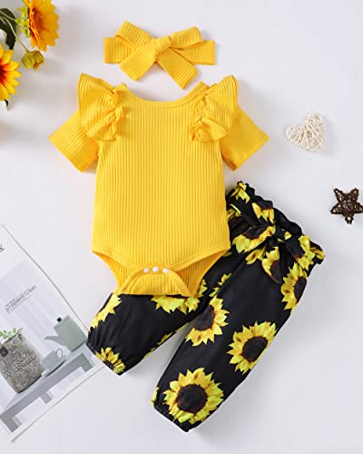 Renotemy Newborn Baby Girl Outfits Summer Clothes Infant Gifts Short Sleeve Yellow Ribbed Romper Floral Sunflower Clothing Baby Girl Clothes 3-6 Months #TOP1