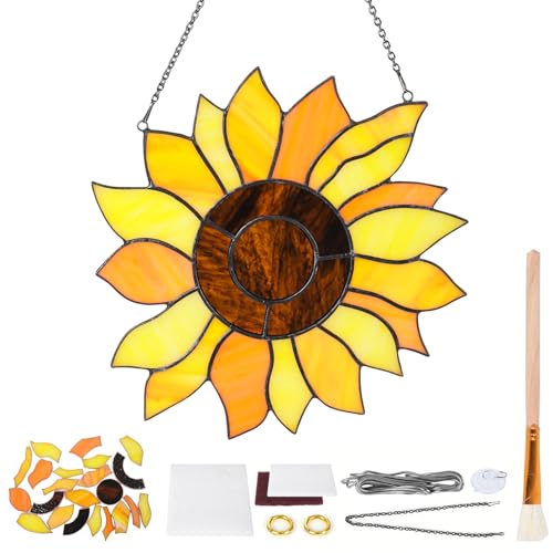 Pre Cut Stained Glass Kit DIY Craft for Adult Beginners Pre-Foiled Suncatcher Window Hanging with Chain Suction Cup Hook DIY Wall Art Dcor for Teacher Mom Grandma Friend (Orange Sunflower)