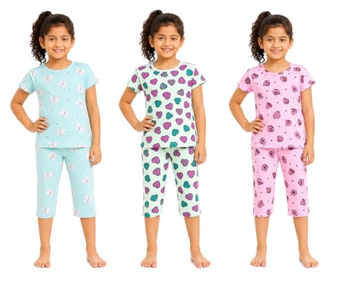 Image of NammaBaby Girl Cotton Night Suit Tshirt Shorts Capri Pyjama Set - Multipacks