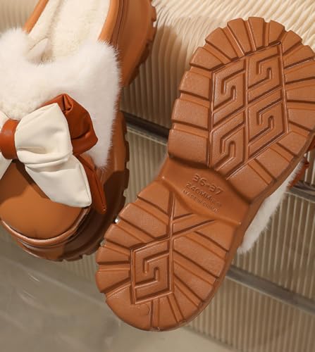 Chunky Heel Bowknot Plush Slippers Women’s Warm Fleece - Lined Non - Slip EVA Sole Indoor Outdoor House Shoes3