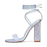 GENSHUO Women Strappy High Heels Sandals Lace Up Chunky Rhinestone Heeled Sexy Clear Open Toe Ladies Party Wedding Shoes Holographic Silver 8.5