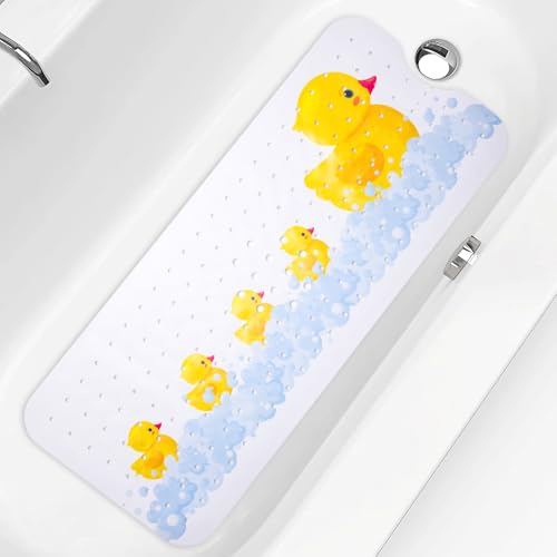 Image of PRATIQUE Kids Bath Mat for Tub Non Slip，40 X 16 Inch Extra Long Kids Bathtub Mat Duck Print Bathtub Shower Mat Safety Anti Slip with Suction Cups and Drain Holes, Machine Washable