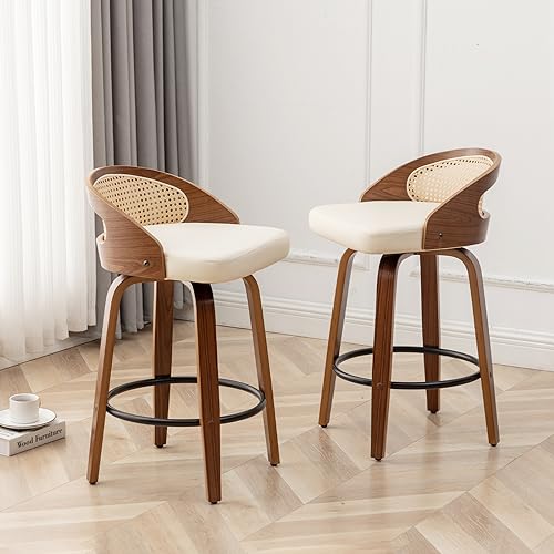 Image of 30 inch Swivel Rattan Bar Stools Set of 2,Mid-Century Modern Faux Leather Upholstered Bar Height Stools,Kitchen Island Barstool with Rattan Low Backrest,Walnut Wood Finish Bar Chairs,Beige PU