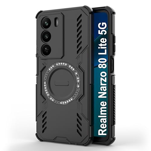 Image of amazon basics Back Case Cover for Realme Narzo 80 Lite 5G | MagSafe Case with Built-in Metal Ring | Supports MagSafe Charger, Wallet & Car Mount | Shockproof Hybrid PC + TPU | Black