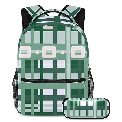 Sac à dos vert géométrique grand volume avec trousse assortie pour ados