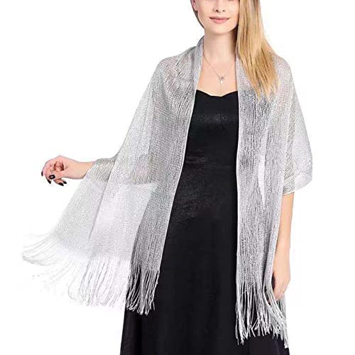 Womens Wedding Evening Wrap Hijab Long Shawl Shimmer Glitter Metallic Threads Sparkly Fishnet Prom Party Scarf with Fringe - Main Image
