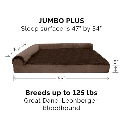 Image of FurHaven Orthopedic Dog Bed & goDog Toy - Squeaky Plush Fat Rooseter with Chew Guard Technology for Large Dogs - Plush & Velvet L Shaped Chaise - Sable Brown, Jumbo Plus /XXL