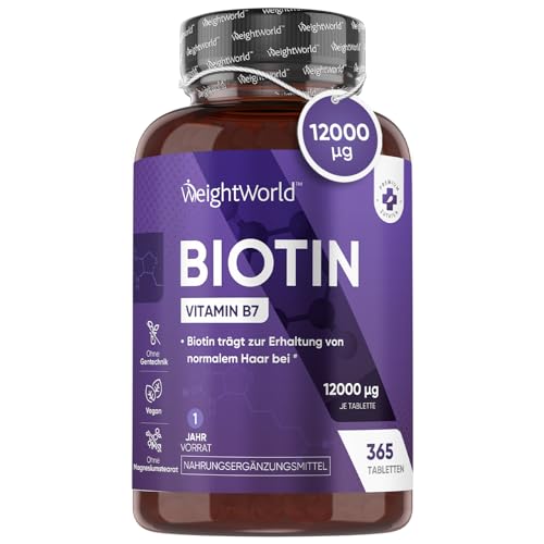 Biotin Tabletten - 12.000mcg reines Biotin für Haarwuchs, Haut & Bartwuchs - 365 vegane Tablets für 1 Jahr Vorrat - Vitamin B