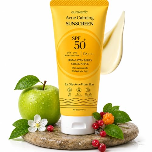 Auravedic Acne Calming Sunscreen SPF 50 PA++++ | Oil-Free Broad Spectrum UVA/UVB Face Sunscreen with...