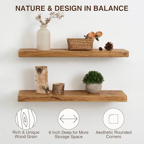 Dreamland 24" Rustic Elm Wood Floating Shelves, 8 Inch Deep Wall Shelves, Wall Mounted Floating Shelf with Invisible Bracket, Heavy-Duty Display Shelf - for Living Room, Kitchen, Bathroom, Set of 2 - Image 6