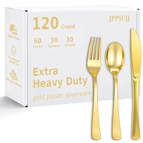 120 Count Heavy Duty Gold Plastic Silverware Gold Silverware Disposable Set 60 Forks 30 Spoons 30 Knives Disposable Utensils for Weddings Parties Dinners and Daily Use