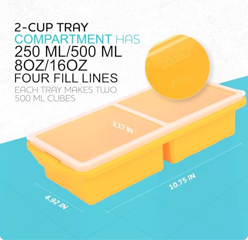 Image of XOMOO Silicone Freezer Tray With Lid-Soup Freezer Container molds-2-cup Extra Large Ice Cube Tray-makes 4 perfect 500ml portions cubes, For freezing soup,stews,sauces.Oven&Dishwasher-Safe(2-Pack)