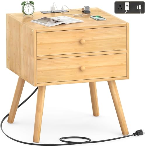 KHUSHAL Art Large Bamboo Nightstand with Charging Station, Mid Century Modern Bedside Table with USB Outlet and 2 Drawers, Real Wood Night Stand End Table for Bedroom, Living Room, Natural