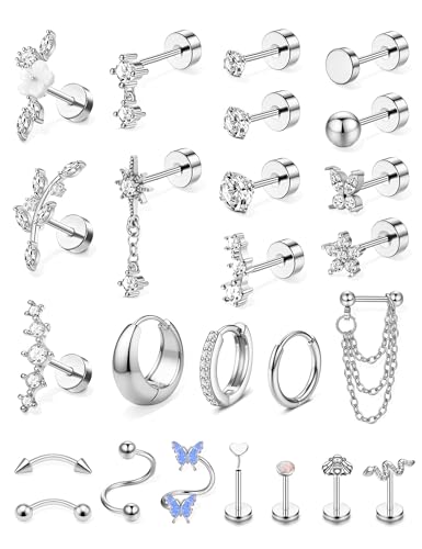 Minnario 25Pcs Piercing Oreille Acier Inoxydable Piercing Helix Boucles d'Oreilles Femme Or Argent Boucles d'Oreilles Creoles Piercings Conch Rook Daith...