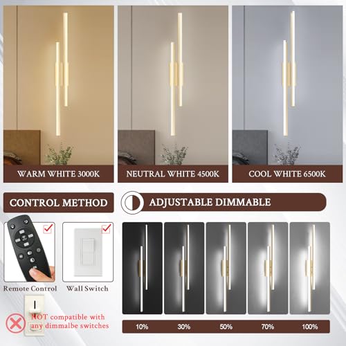 Image of LED Wall Sconce Gold Modern Remote Wall Light Fixtures for Living Room, Dimmable LED Vanity Light Indoor Remote Wall Sconce for Bedside Bedroom Bathroom Dining Room, L39.4inch 1 Pack