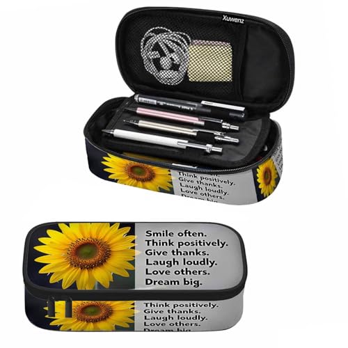 Image of Sunflower Pencil Case Smile Often Think Thanks Laugh Loudly Bright Yellow Flower Pencil Bag Pen Markers Pouch Holder Organizer for Boy Girl School Students